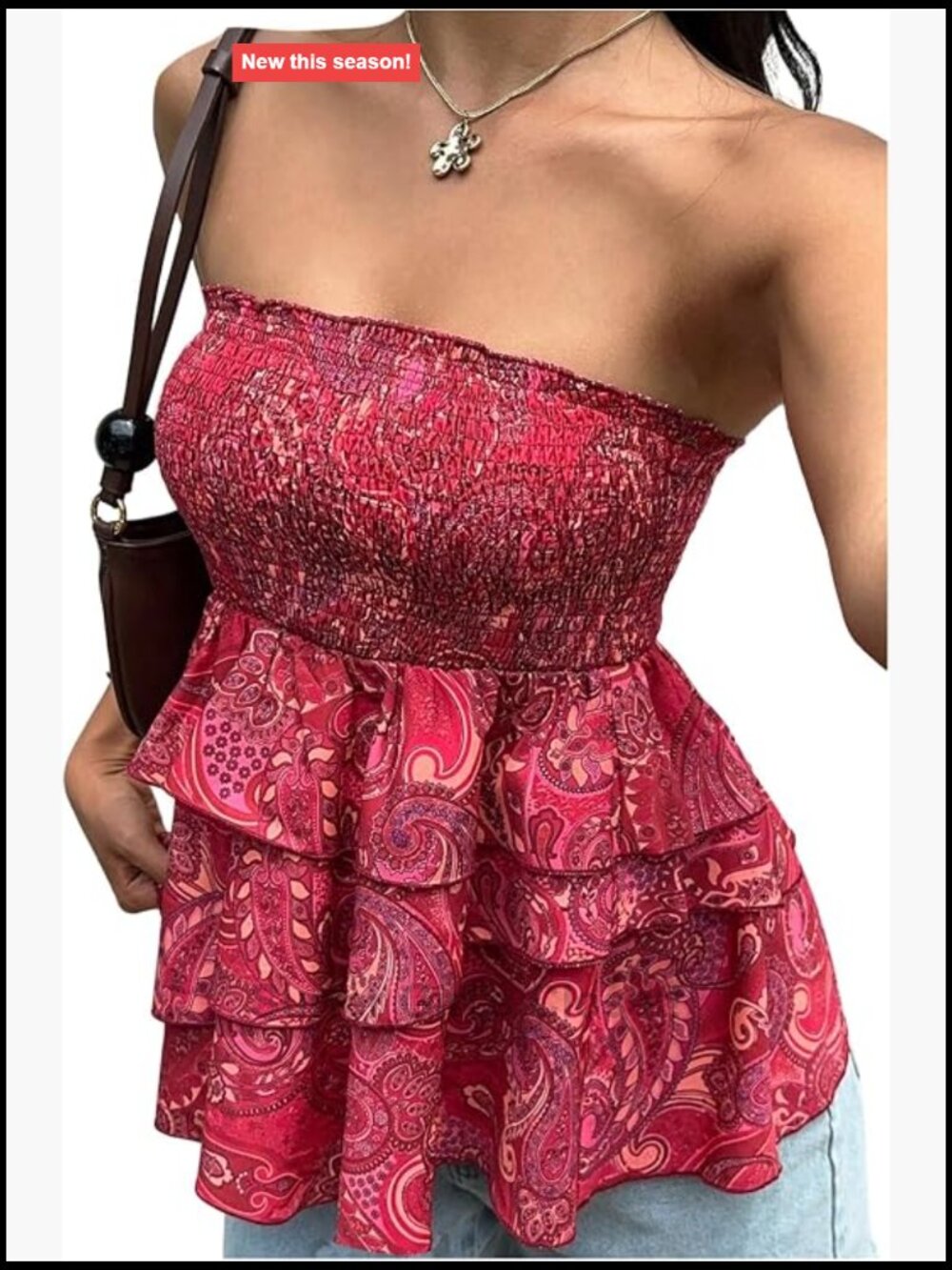 Strapless Boho Paisley Print Top Ruffled Hem Sleeveless